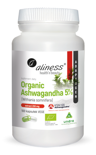 Ashwagandha KSM-66 Organic 200 mg – Certyfikat EKO, 100 kaps. VEGE Aliness