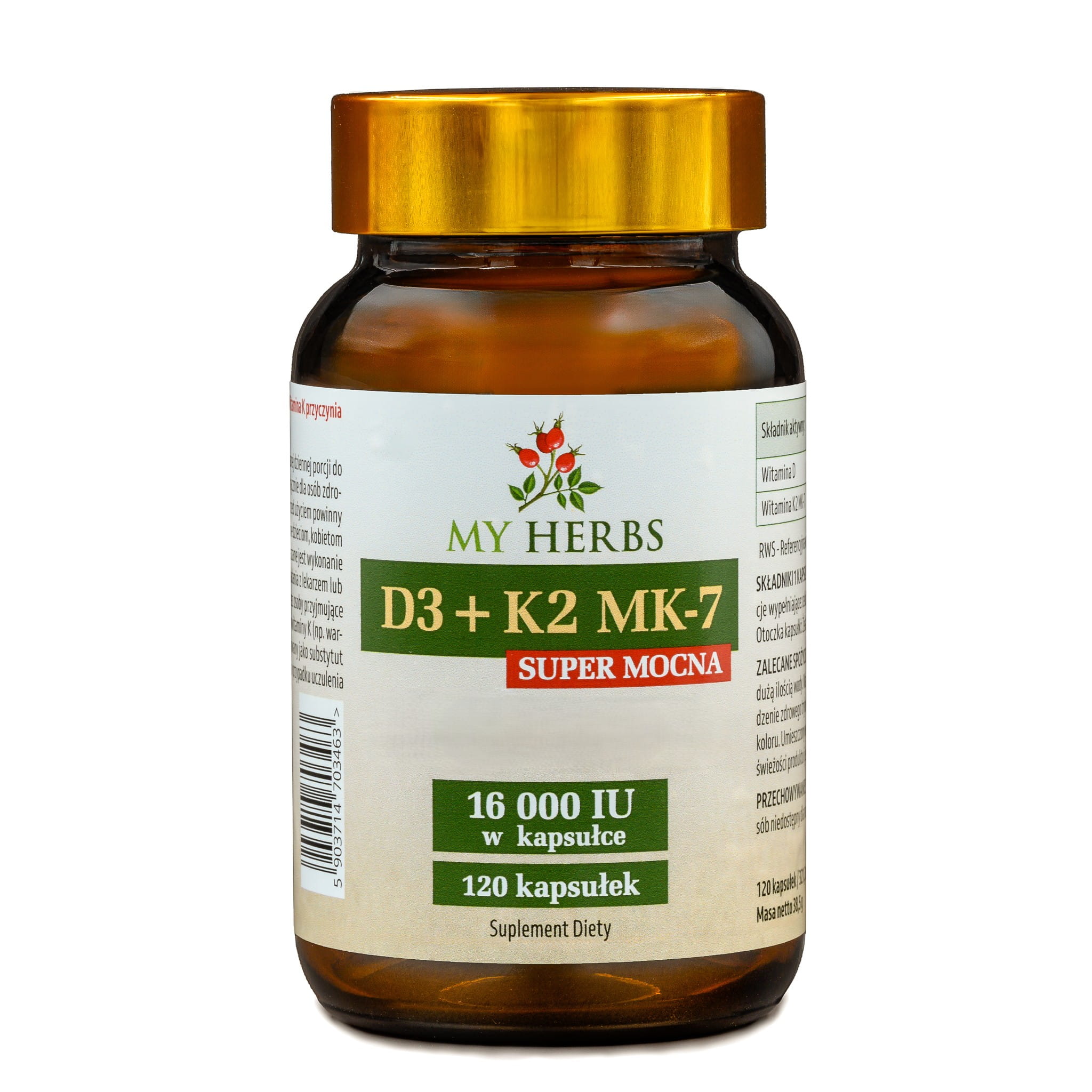 D3 K2 16000 IU Bio-Herbs Super Mocna - Wsparcie dla Serca, Kości i Zębów - 120 kapsułek