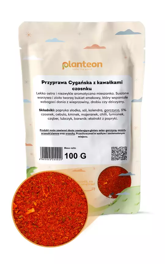 Przyprawa cygańska z kawałkami czosnku Planteon -100 g - wyrazisty smak i ognisty charakter — miniatura 2