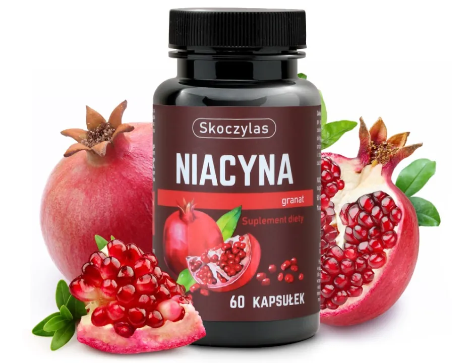 Niacyna z Granatem Skoczylas 60 kapsułek – Witamina B3, Standaryzowany Ekstrakt z Owoców Granatu, Sprawny Układ Nerwowy, Energia Komórkowa, Piękna Skóra i Formuła Pure Clean Label — miniatura 2