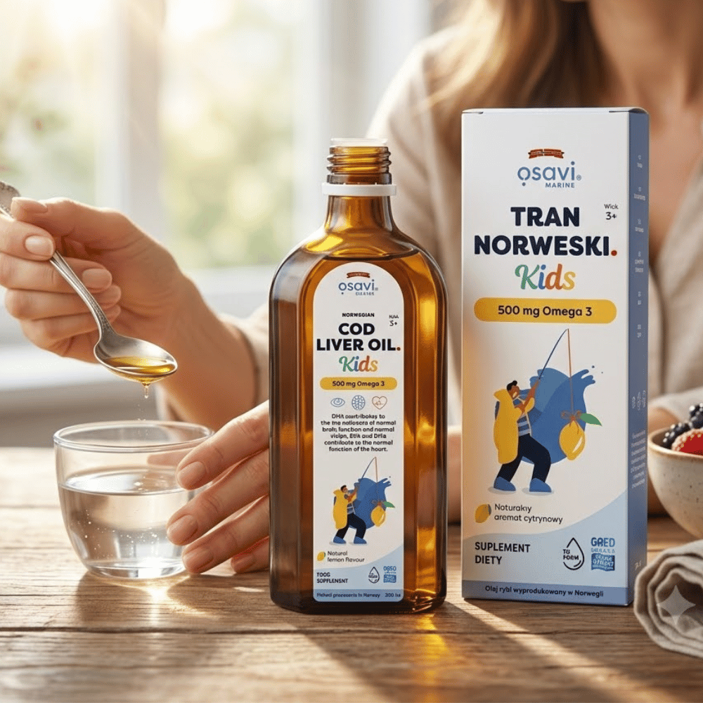 Tran Norweski dla Dzieci Osavi Odporność Mózg Płyn Bez Cukru 250 ml — miniatura 6