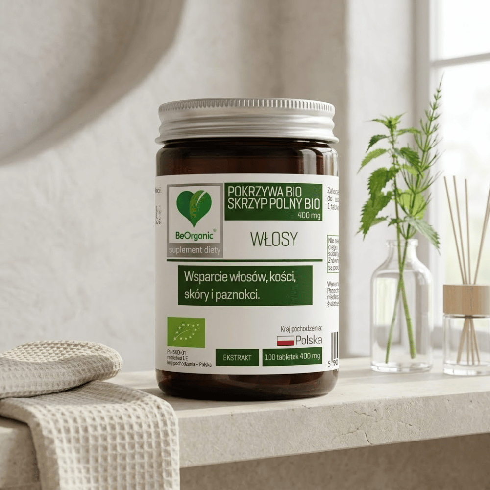 Skrzyp Pokrzywa BIO BeOrganic Włosy Skóra Paznokcie Tabletki Bez Cukru 100 szt. — miniatura 2