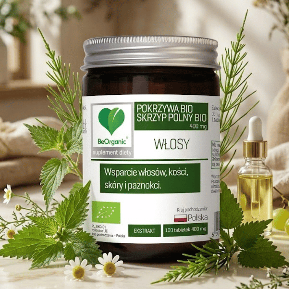 Skrzyp Pokrzywa BIO BeOrganic Włosy Skóra Paznokcie Tabletki Bez Cukru 100 szt. — miniatura 3