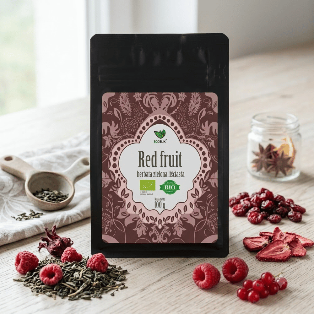Herbata Zielona Red Fruit BIO – Witaminowe Wsparcie, Metabolizm i Antyoksydanty (100g) | EcoBlik — miniatura 3