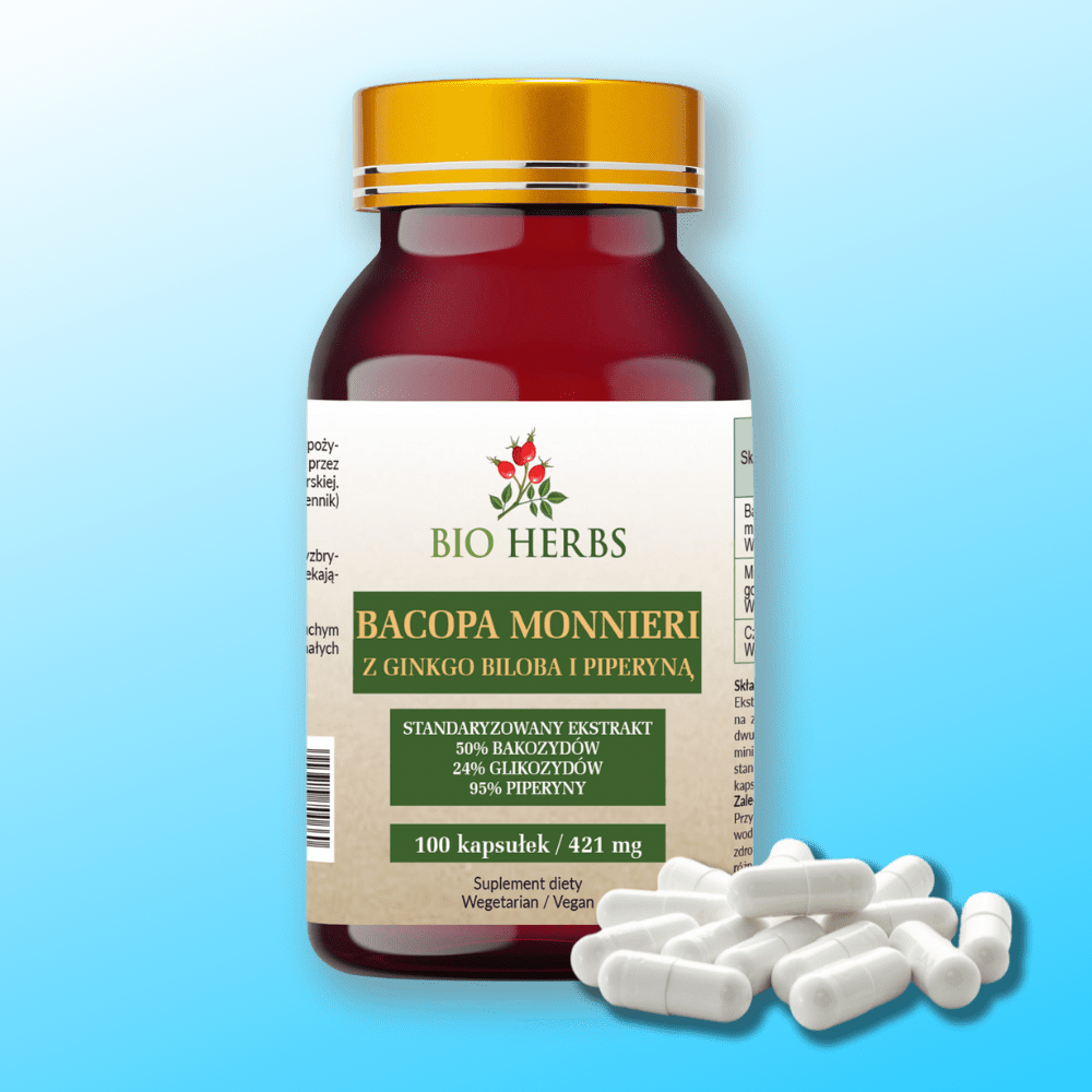 Bacopa Monnieri z Ginkgo Biloba i Piperyną - 100 kapsułek Bio Herbs — miniatura 2