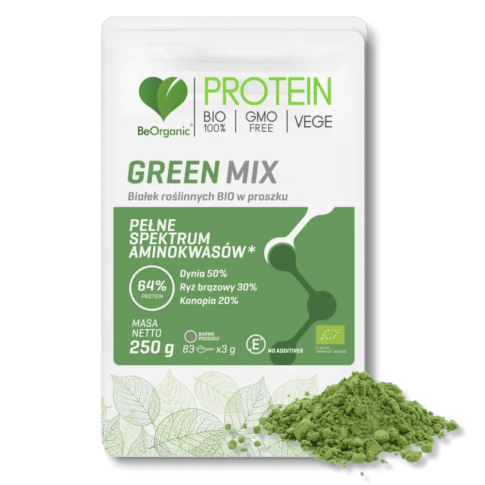BeOrganic Green MIX białek roślinnych BIO w proszku 250g — miniatura 2